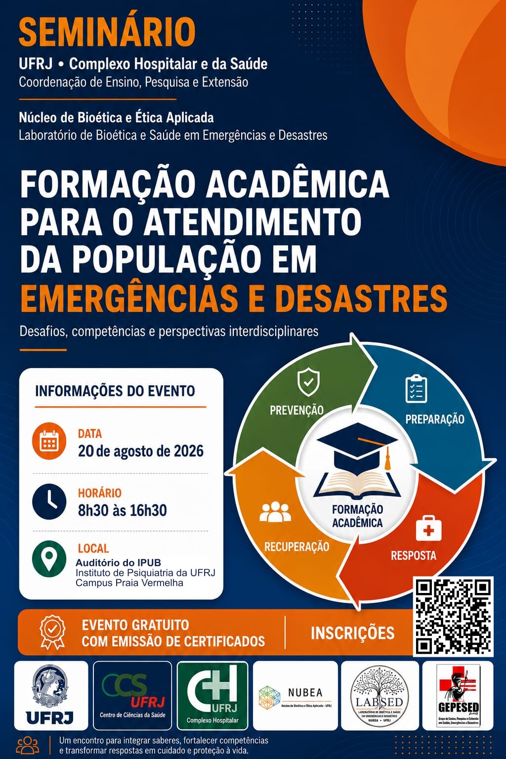 Flyer do seminário Formação Acadêmica para o Atendimento da População em Emergências e Desastres